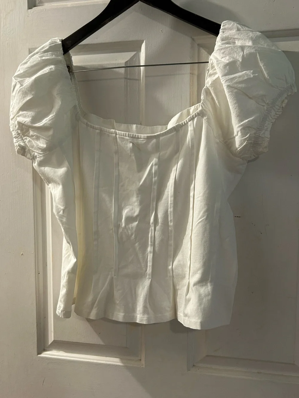 Anthropologie White Puff-Sleeve Square Neck Blouse